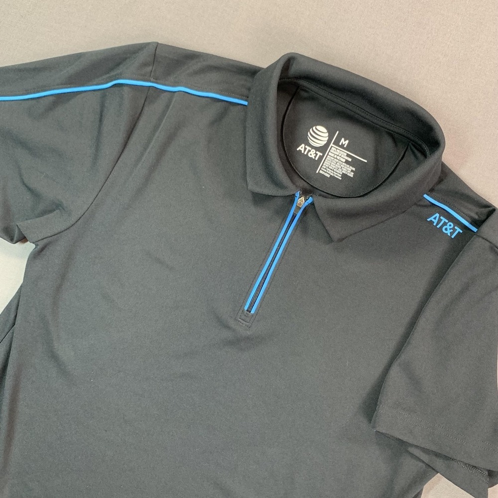 AT&T Polo Shirt Mens Medium Black Blue 1/4 Zip Work Uniform Performance Tech